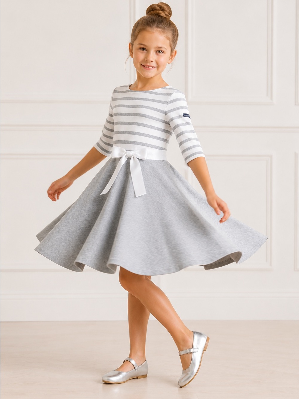 NWT Ralph Lauren Girls Ash Grey Striped Fit & Flare Ponte Dress, 7, MSRP $79